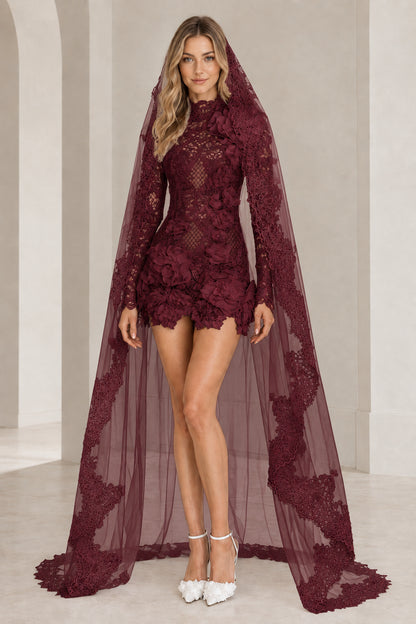 Burgundy wine red floral lace long sleeve mini dress with matching red veil