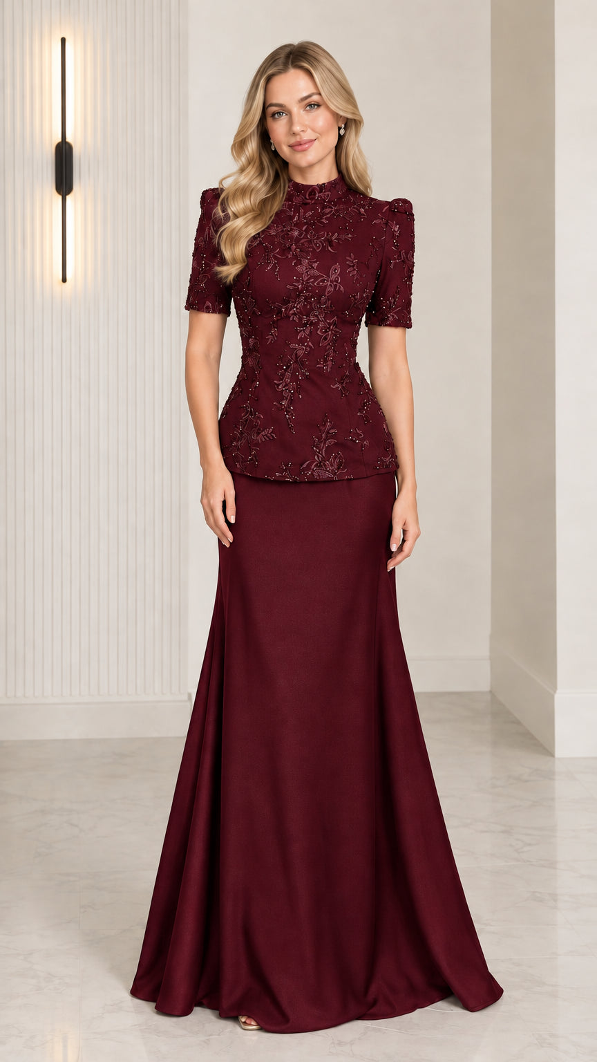 Front view of model wearing Burgundy beaded peplum evening gown