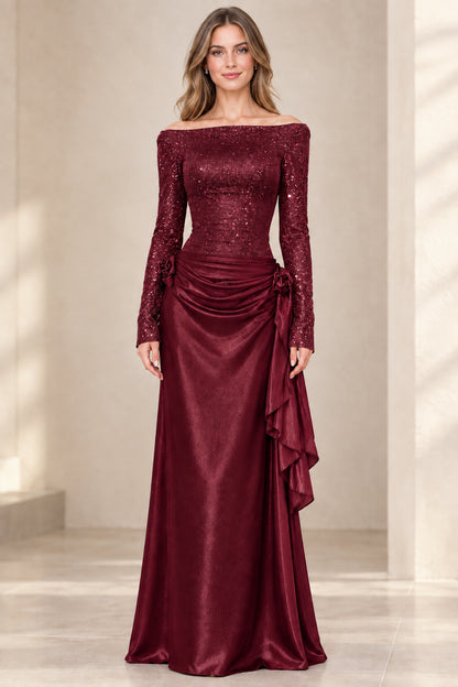 Model wearing Burgundy wine shimmer long sleeve evening gown