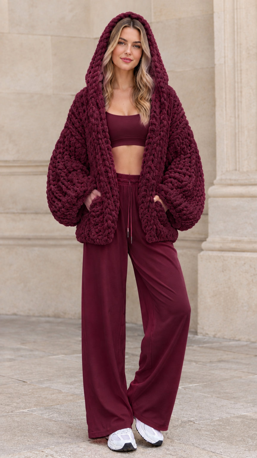 Women's burgundy wine red chunky knit hooded cardigan sweater coat