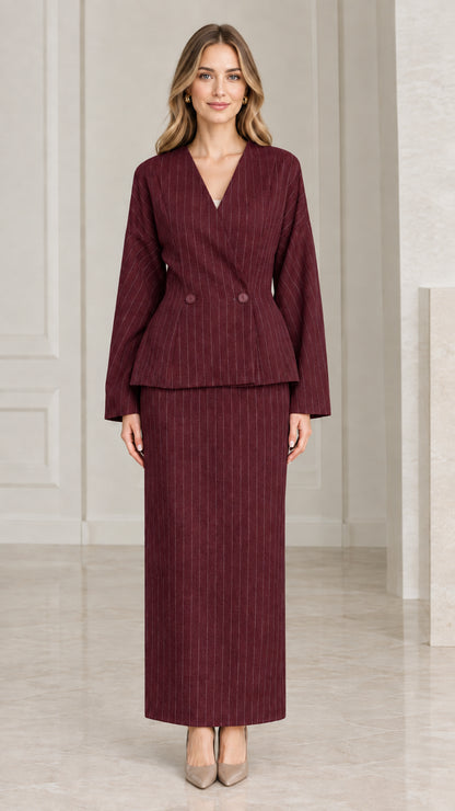 Burgundy wine red pinstripe tailored jacket and maxi skirt set