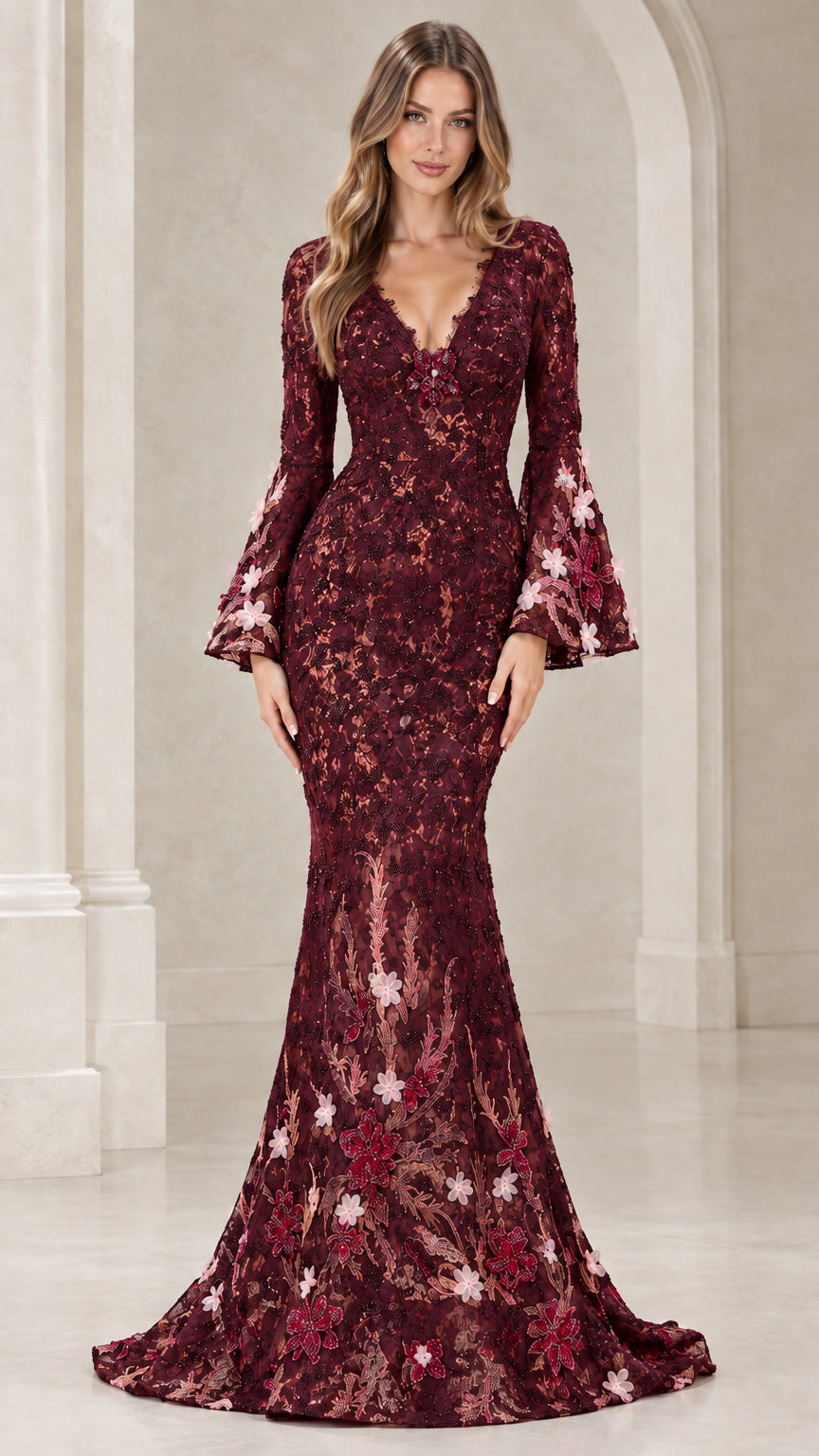 Burgundy wine lace mermaid evening dress with 3D floral accents