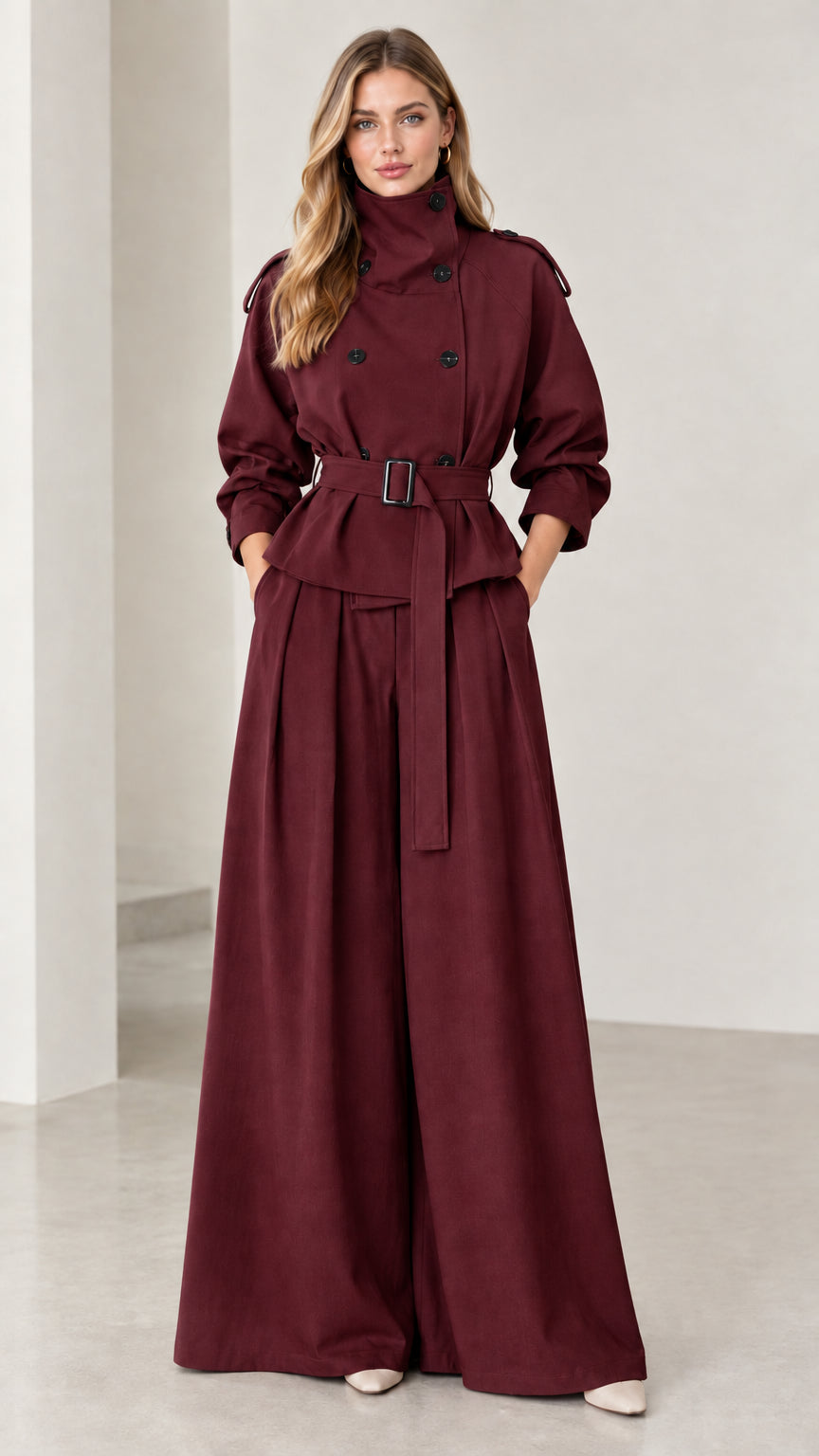 Full-length view of burgundy red double-breasted trench top and pant set