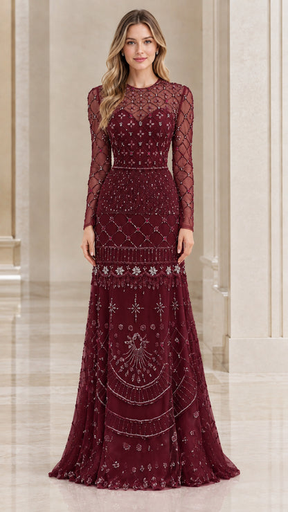 Front view of burgundy wine red beaded floor-length formal gown
