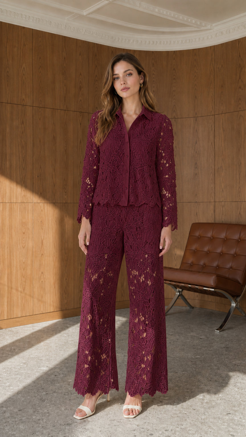 Front full view of burgundy wine red floral lace matching pant set