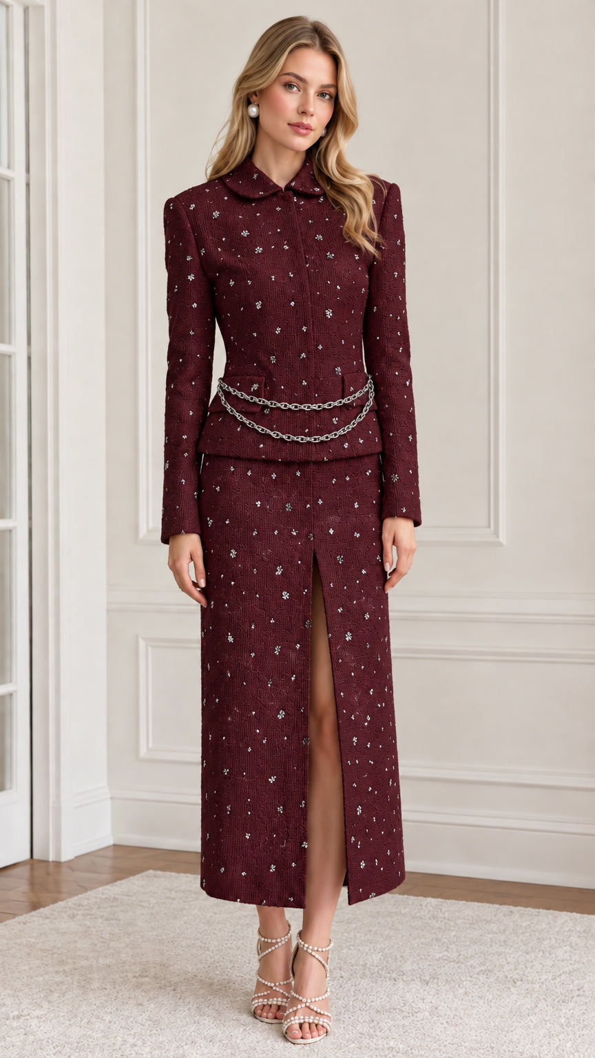 Full-length front view of burgundy wine red tweed blazer and front-slit maxi skirt set