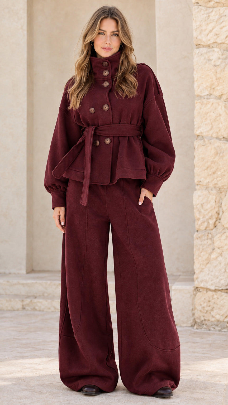 Women's burgundy wine red two-piece high neck jacket and wide leg pants set