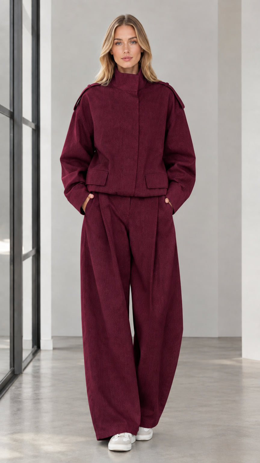Full front view of woman wearing Burgundy cropped jacket and wide leg trousers set