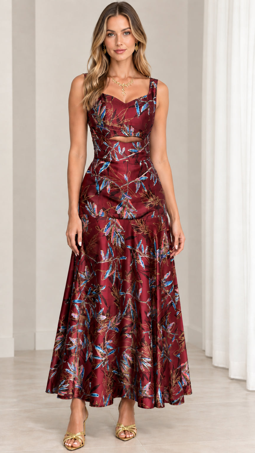 Front view of burgundy red floral print sleeveless cutout maxi dress