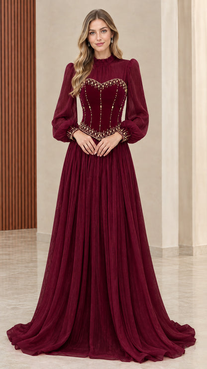 Model wearing rich burgundy monochrome mock neck corset maxi gown