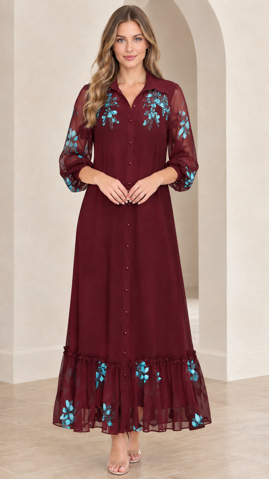 Burgundy wine red button-down maxi dress with floral embroidered detailing