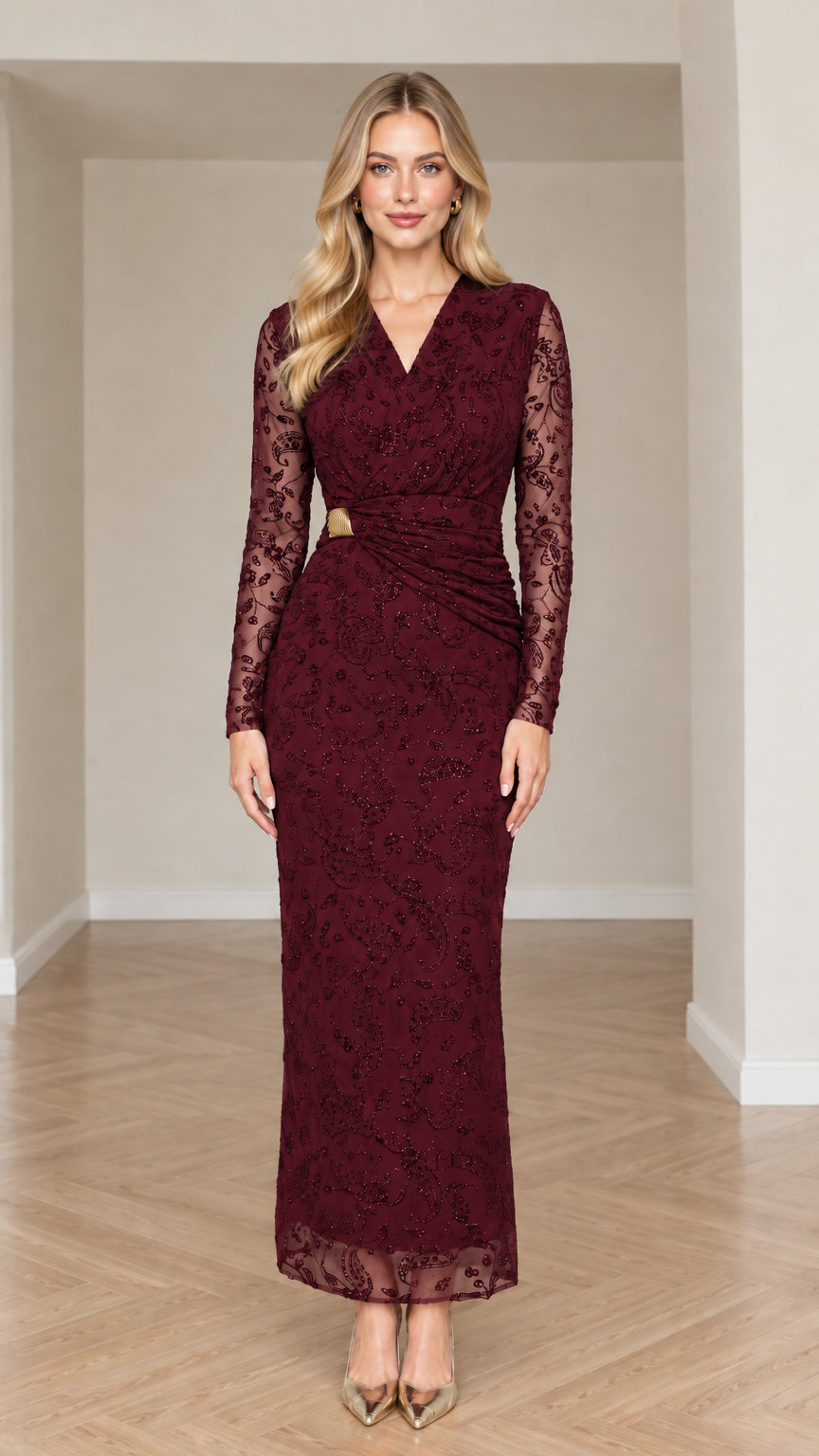 Front view of burgundy red long sleeve embellished lace maxi dress