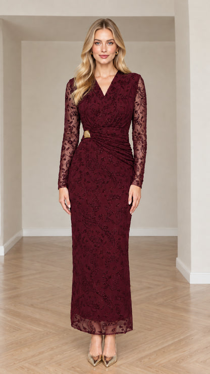 Front view of burgundy red long sleeve embellished lace maxi dress