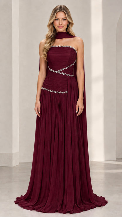 Burgundy wine strapless evening gown with sparkling embellishments and scarf cape