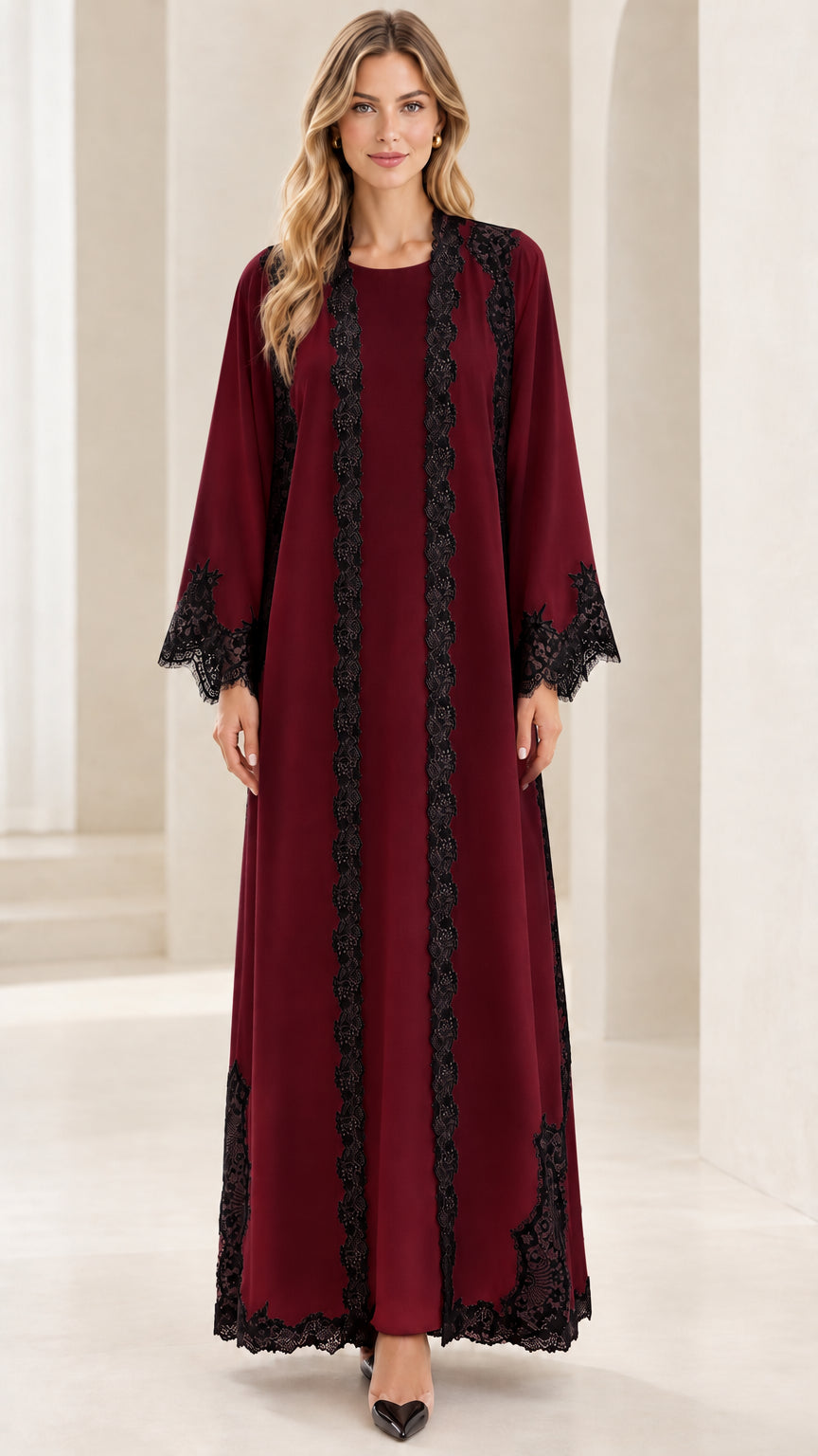 Full-length burgundy wine modest maxi dress with black lace trims