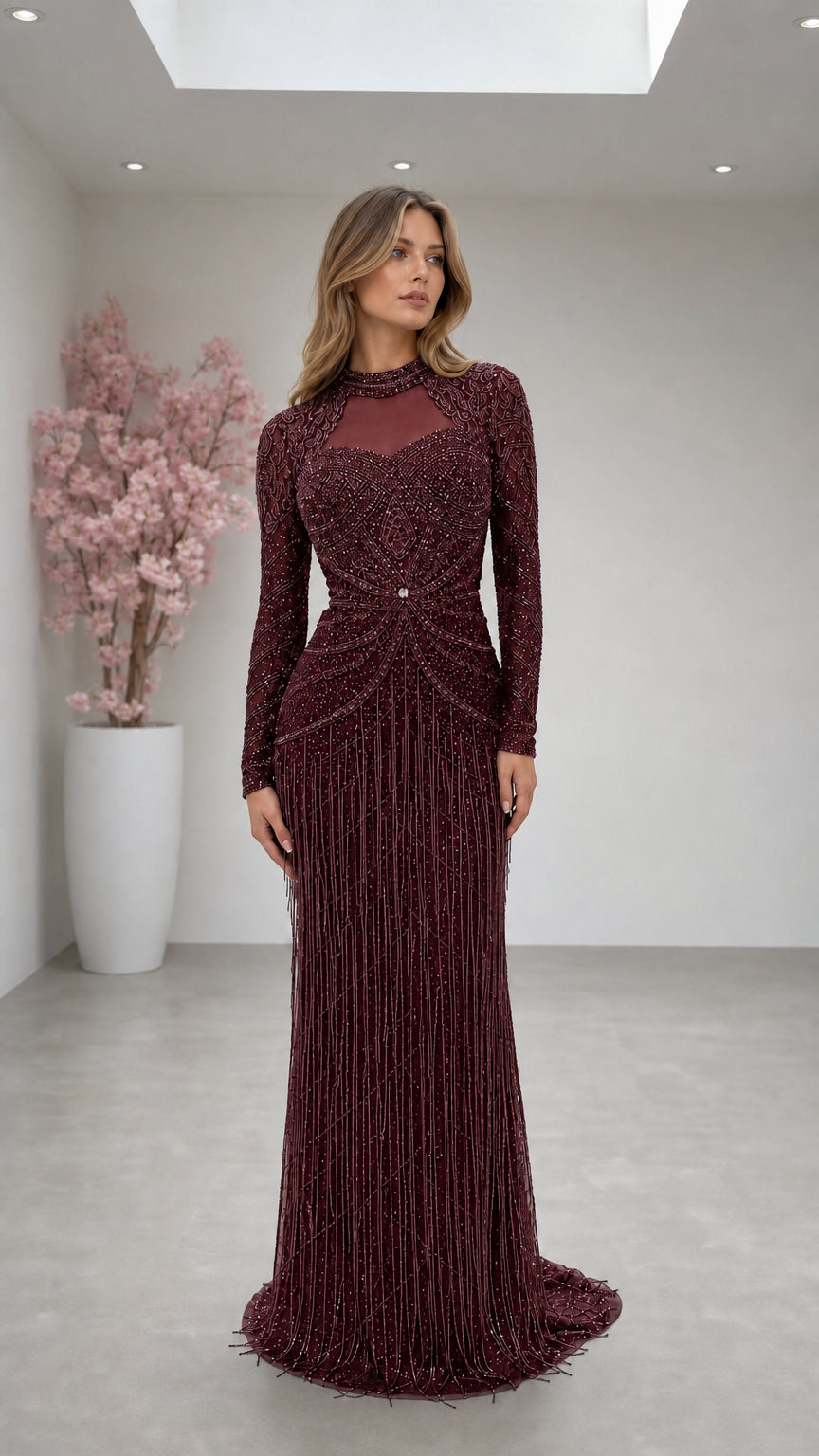 Burgundy wine embellished long sleeve formal maxi gown