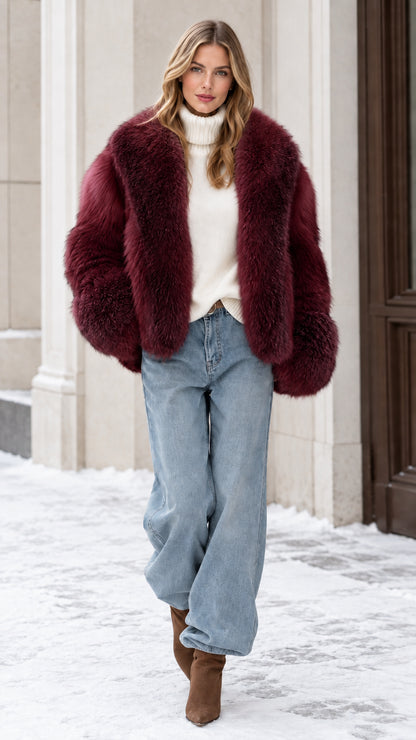 Front view of model wearing a rich burgundy wine faux fur winter jacket
