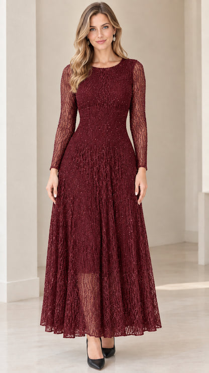 Front view of woman wearing Burgundy wine red lace maxi gown