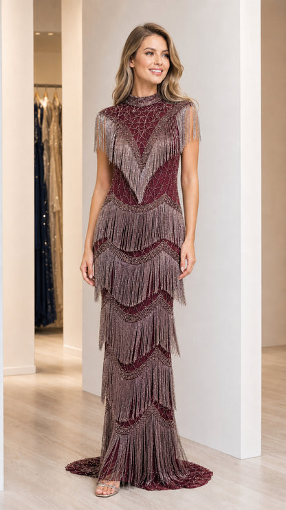 Model wearing burgundy wine red beaded fringe high neck gown