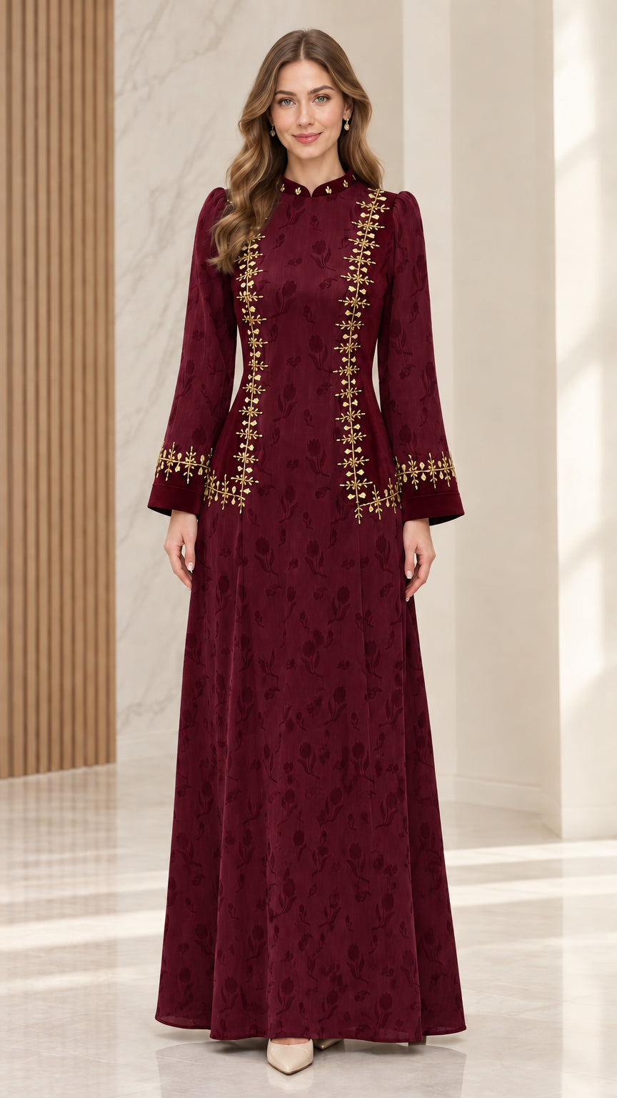 Burgundy wine red embroidered jacquard formal maxi dress