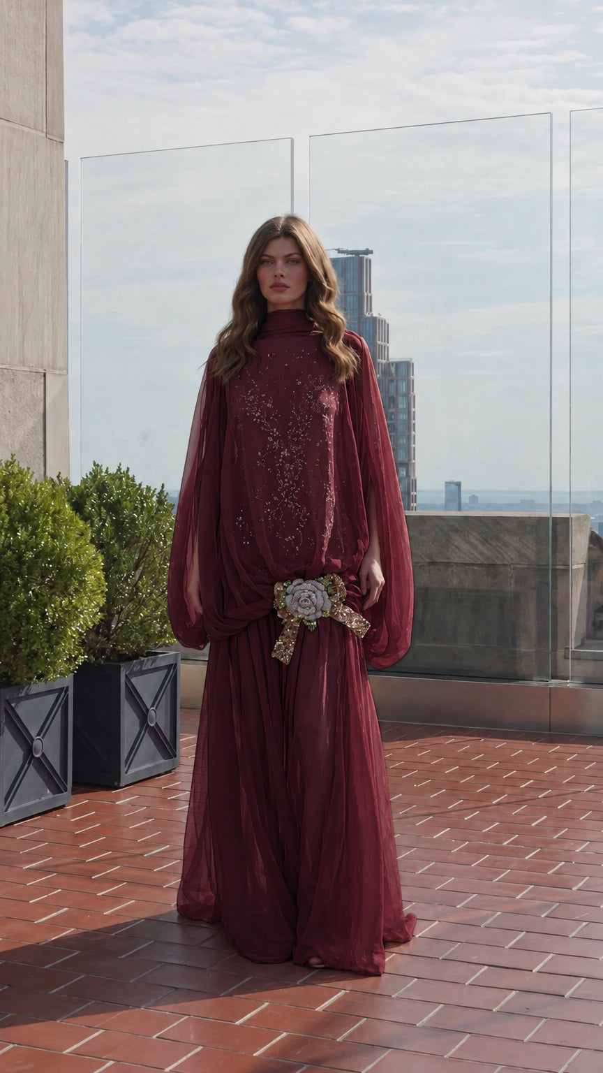 Model wearing burgundy red draped cape sleeve evening gown