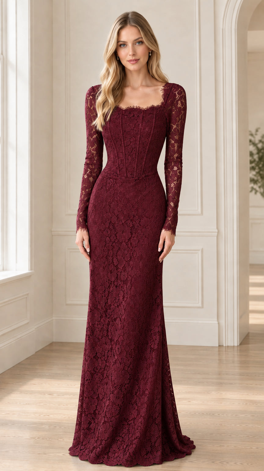 Front view of burgundy red long sleeve floral lace formal gown