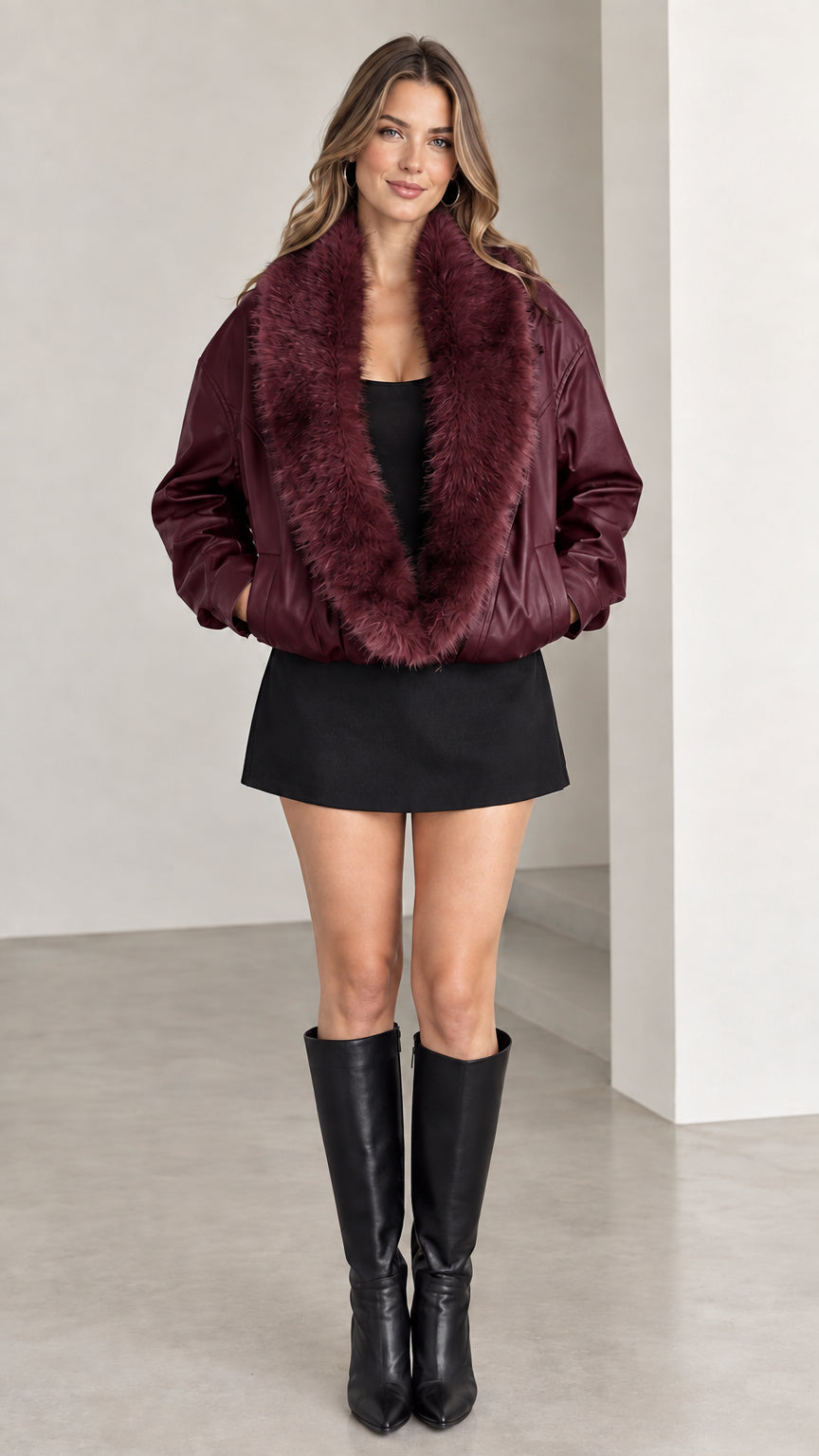 Model wearing burgundy wine faux leather bomber jacket with plush fur collar