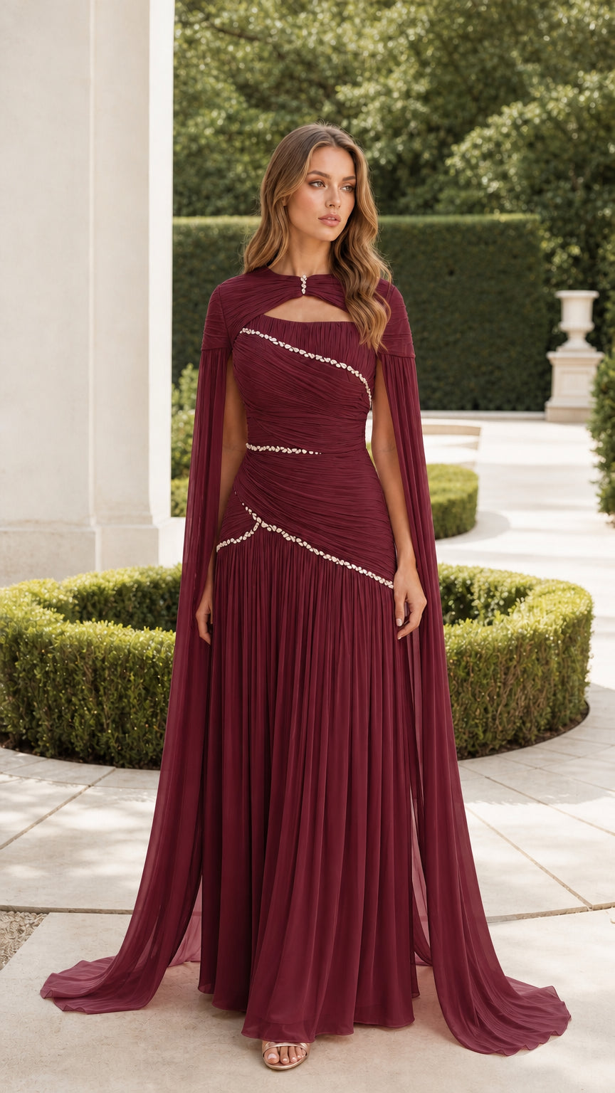 Burgundy wine red cape evening gown with ruched bodice and sparkling crystal embellishment