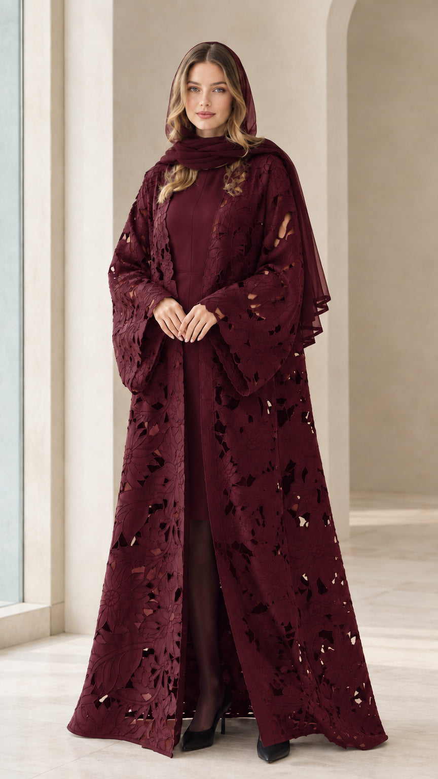 Front view of deep burgundy wine red floral cutwork abaya set