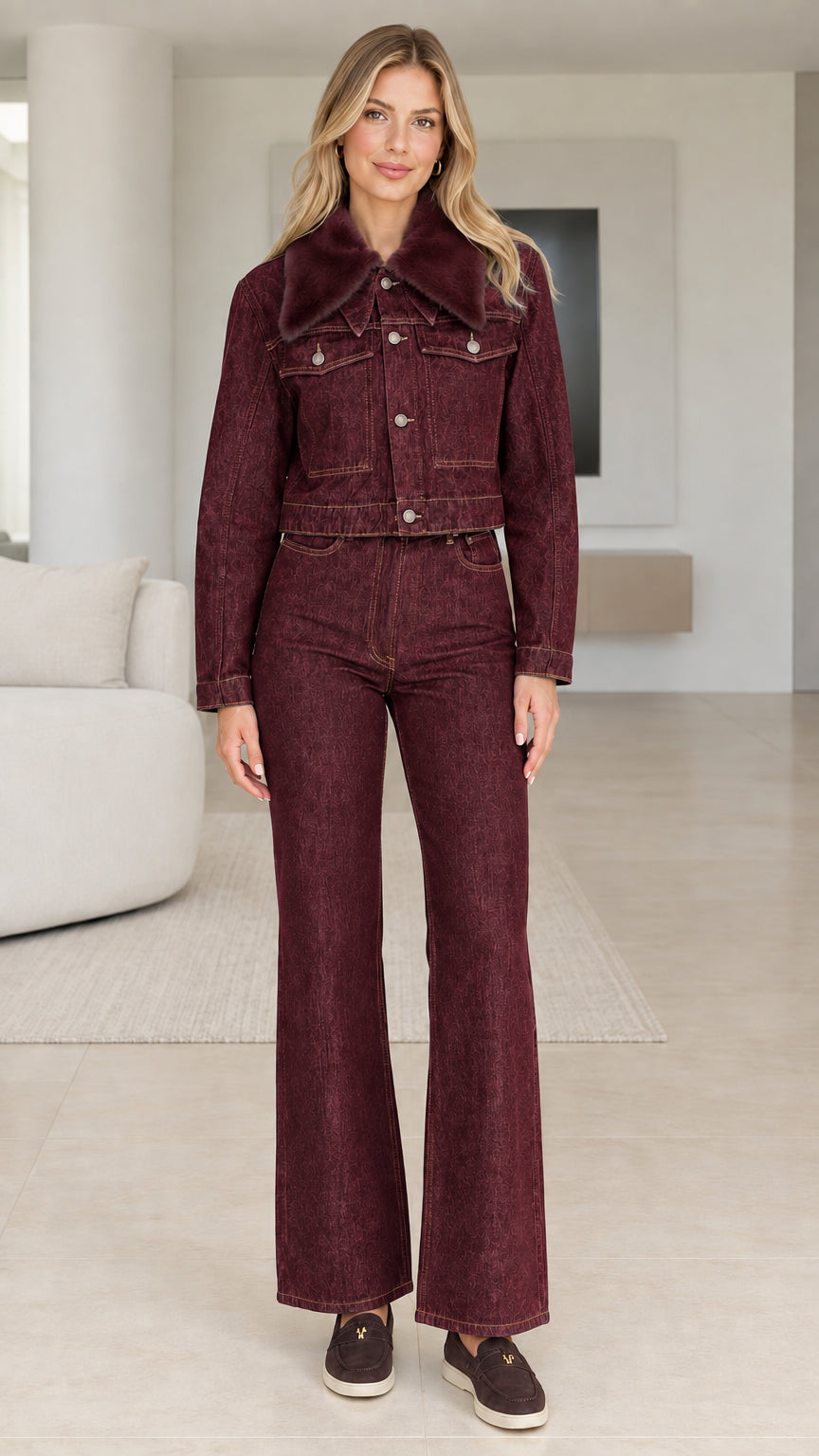 Full front view of Burgundy cropped denim jacket and flare pants set