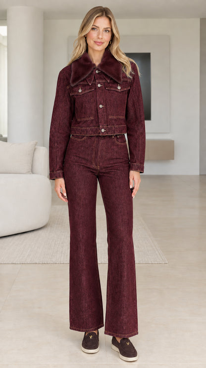 Full front view of Burgundy cropped denim jacket and flare pants set