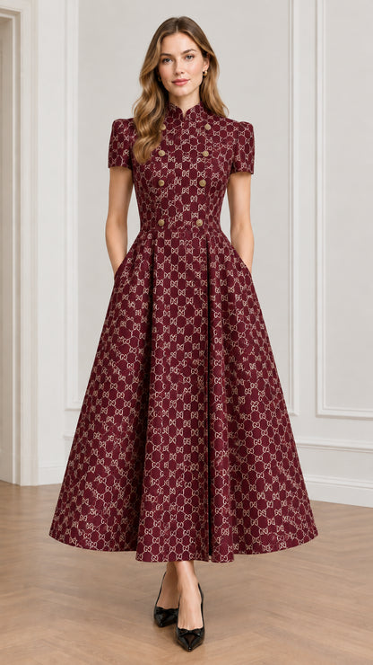 Model wearing burgundy wine red geometric jacquard stand collar midi dress with flared pleated skirt