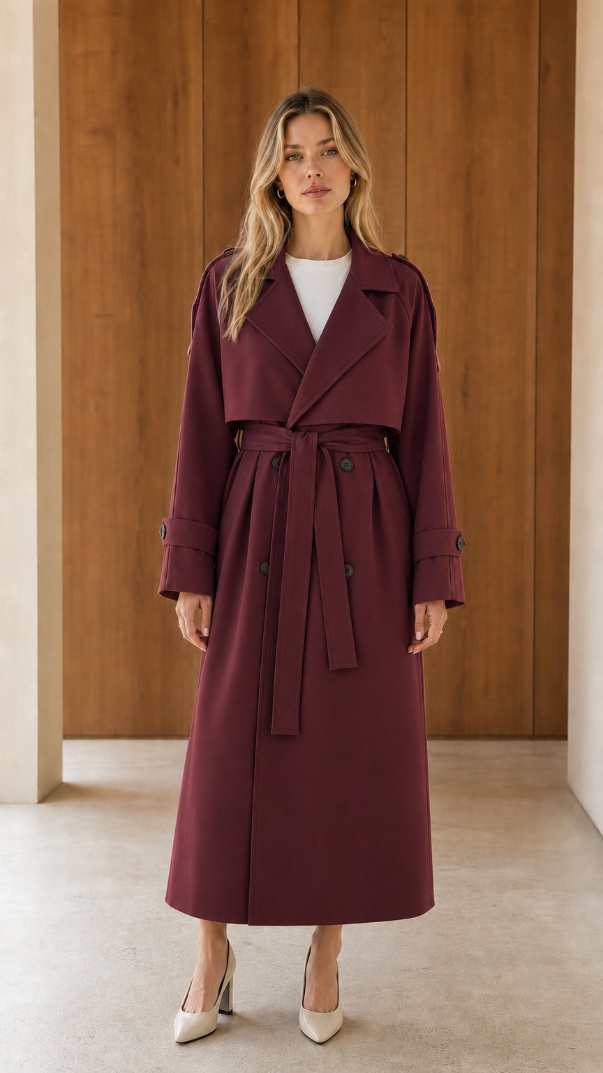 Model wearing burgundy wine red double-breasted belted trench coat