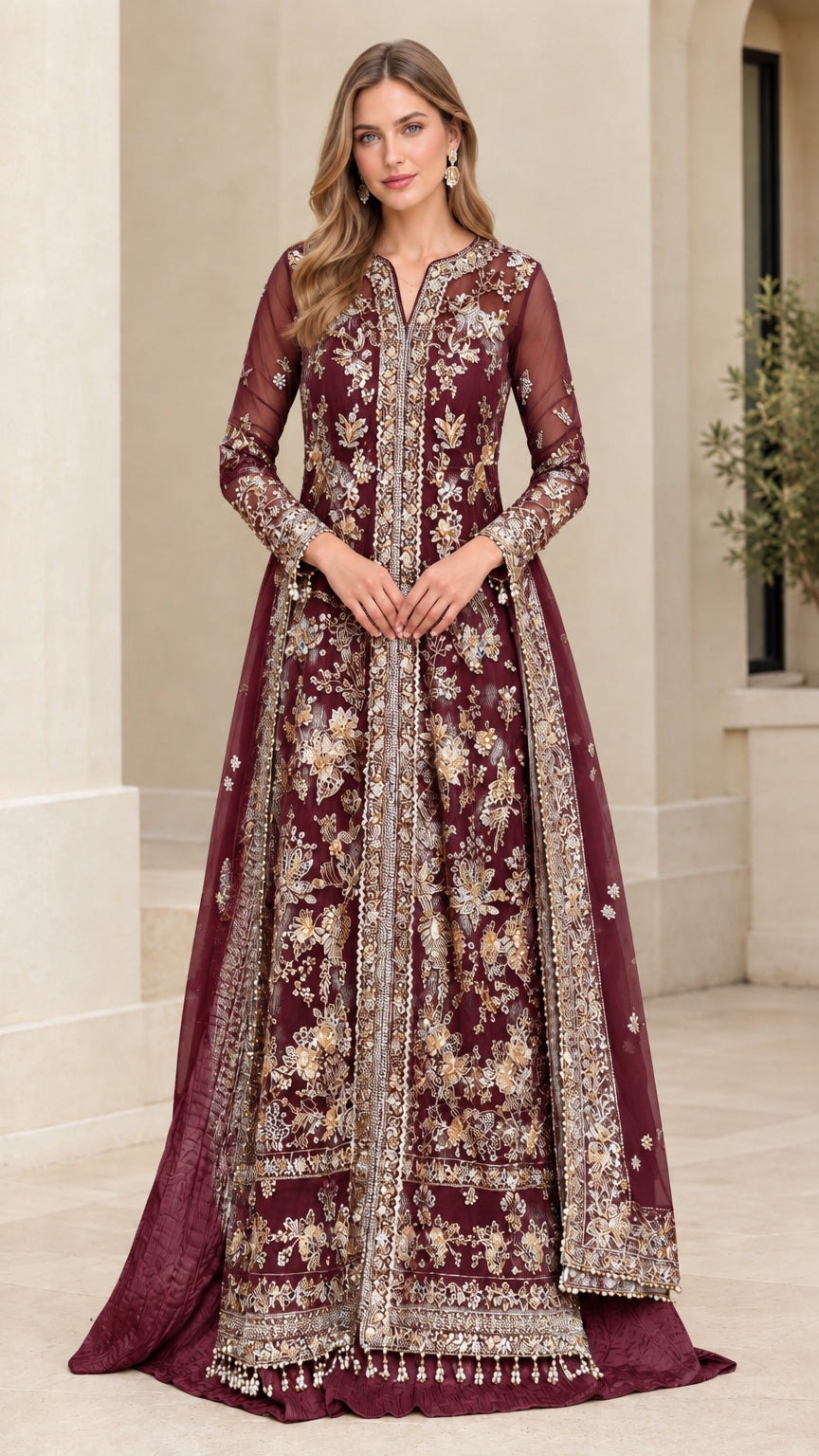 Model wearing rich burgundy wine embroidered long sleeve formal evening dress