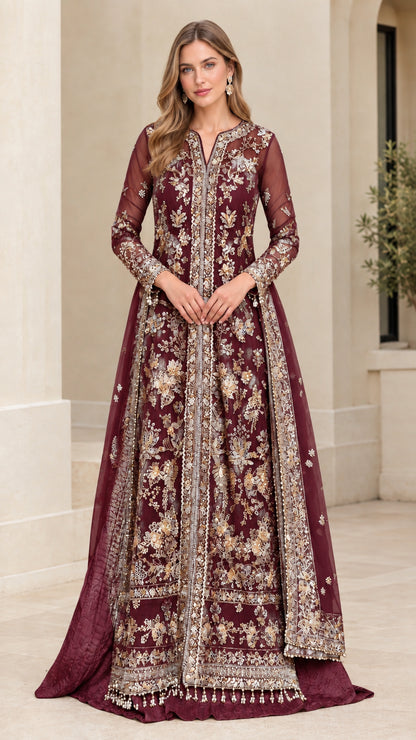 Model wearing rich burgundy wine embroidered long sleeve formal evening dress