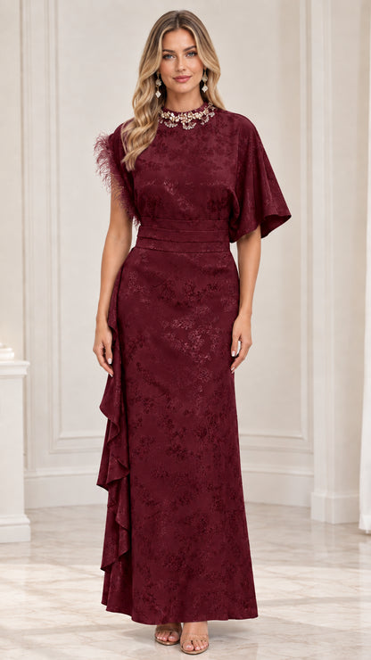Burgundy embellished high-neck jacquard maxi dress front view