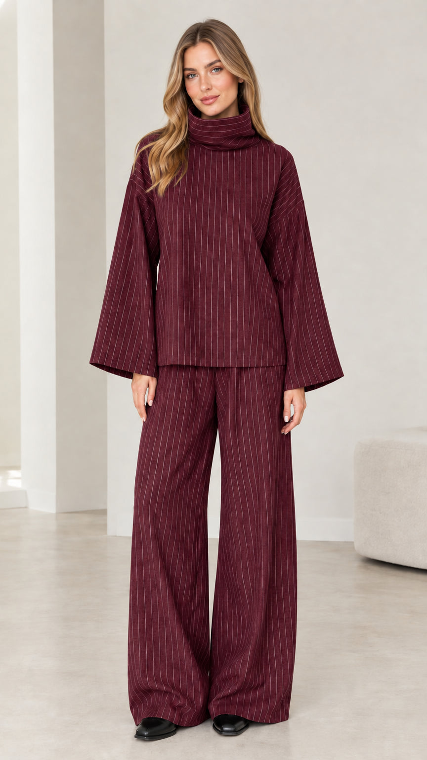 Woman wearing Burgundy wine pinstripe matching two-piece lounge set