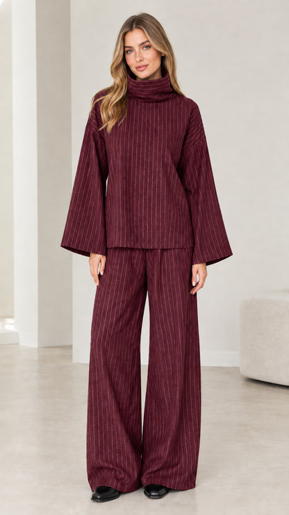 Woman wearing Burgundy wine pinstripe matching two-piece lounge set