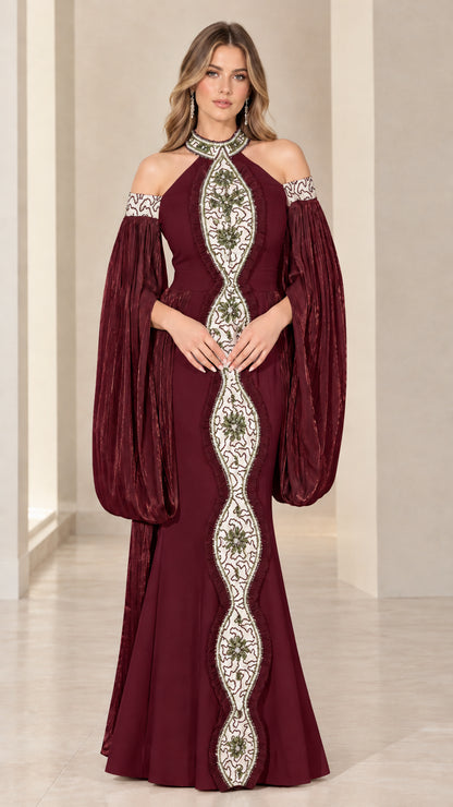 Burgundy wine red formal evening gown with voluminous draped balloon sleeves