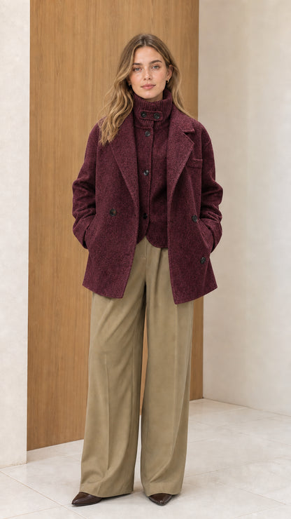 Full front view of women's burgundy double-breasted wool blend peacoat