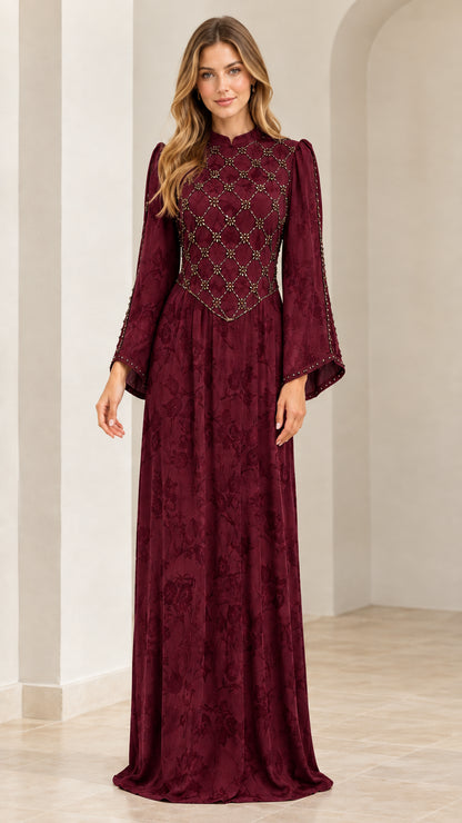 Burgundy long sleeve beaded evening maxi gown