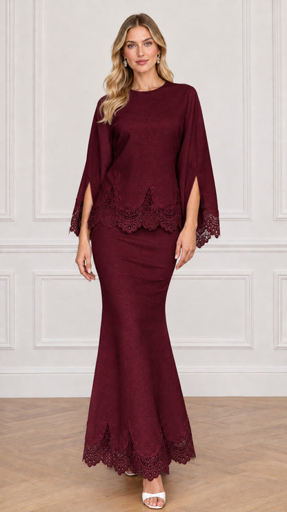 Burgundy wine red split sleeve top and long mermaid skirt set