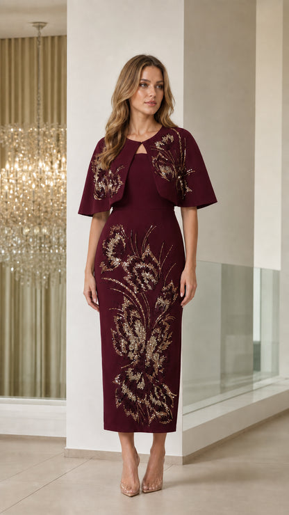 Burgundy wine sequin embroidered capelet midi evening dress