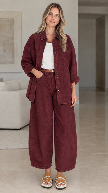 Women's casual button-down shirt and wide-leg pants 2-piece set in burgundy