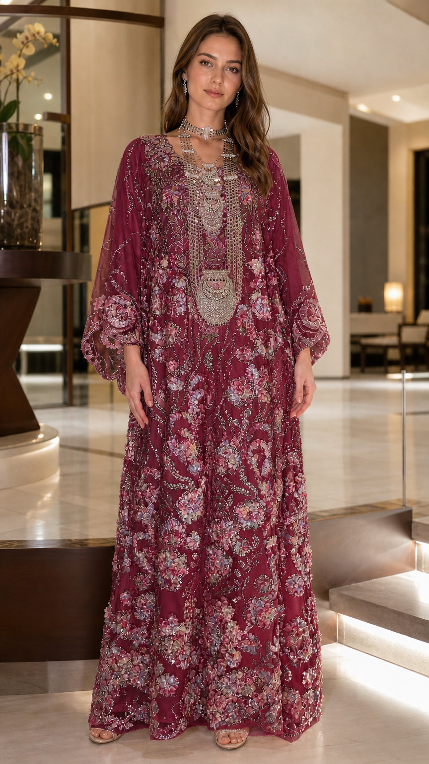 Full front view of burgundy floral sequin embroidered kaftan maxi dress