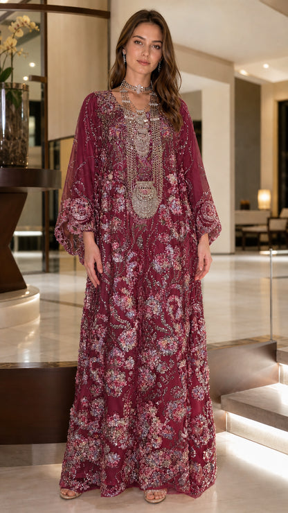 Full front view of burgundy floral sequin embroidered kaftan maxi dress