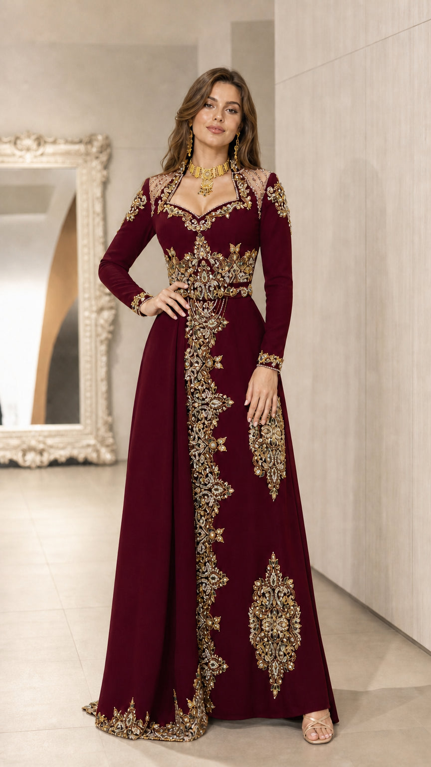 Burgundy wine embroidered long sleeve formal evening gown