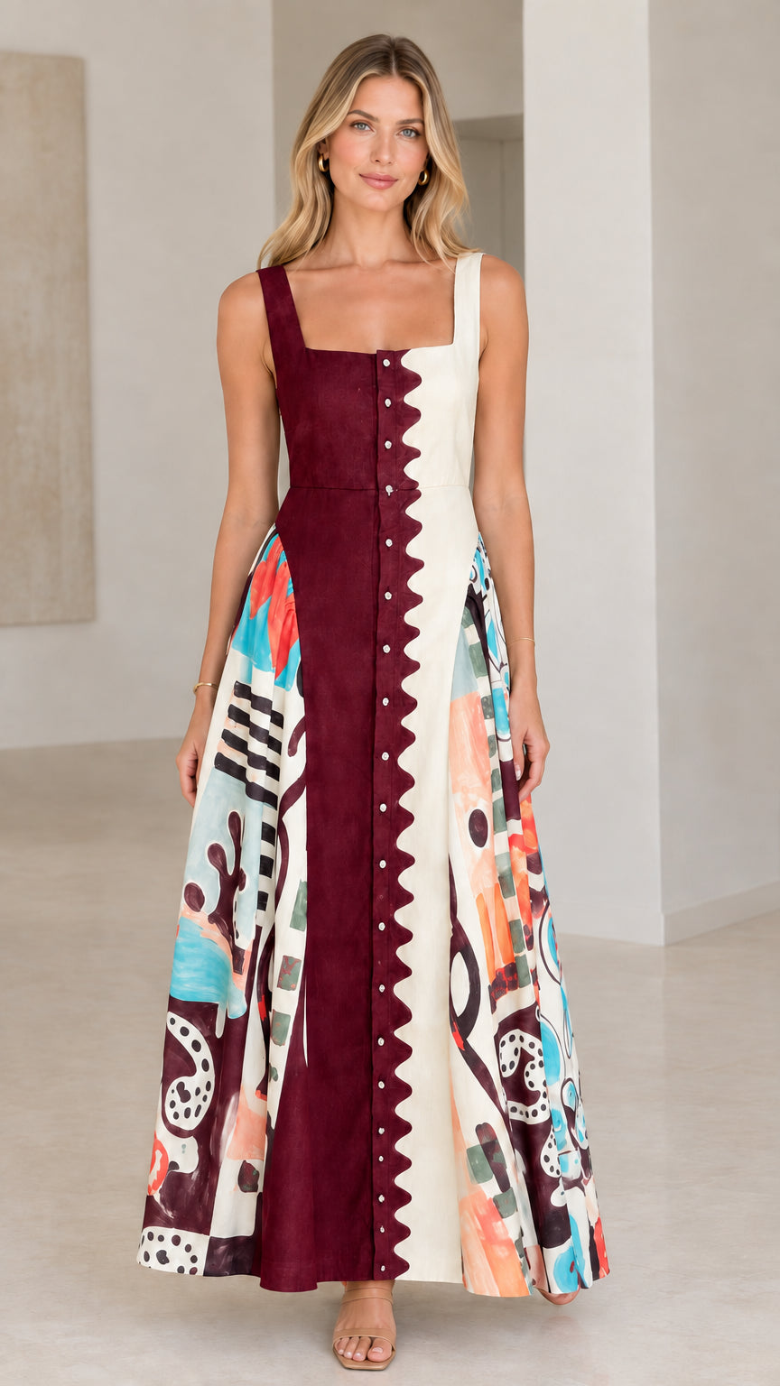 Full-length front view of burgundy and cream scalloped button-front maxi dress with abstract print