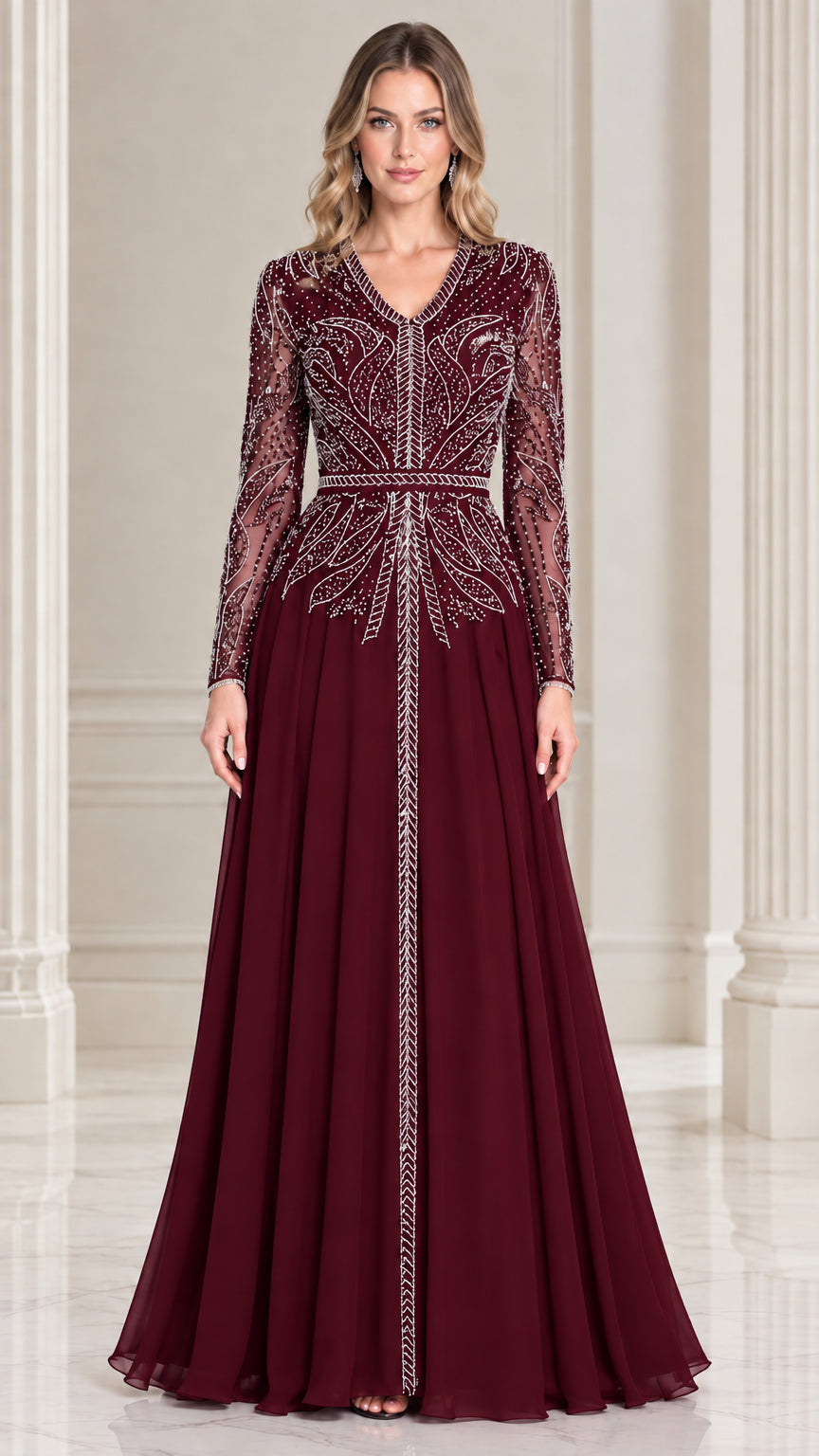 Burgundy wine beaded long sleeve V-neck chiffon evening gown