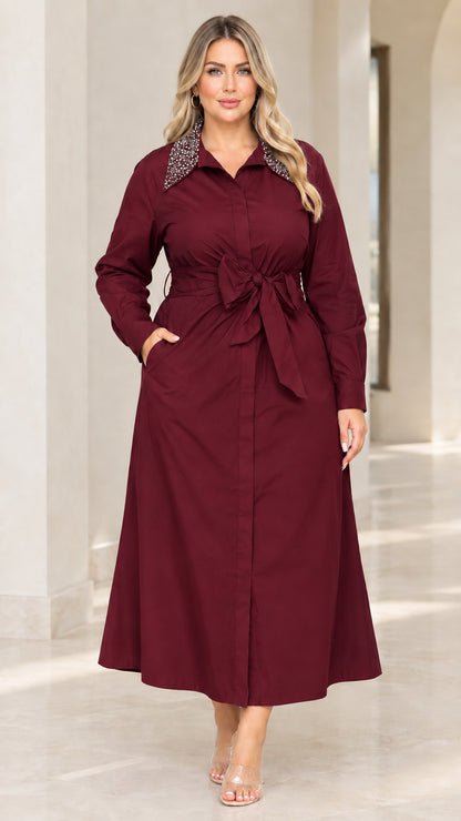 Front view of woman wearing burgundy wine red rhinestone collar maxi dress